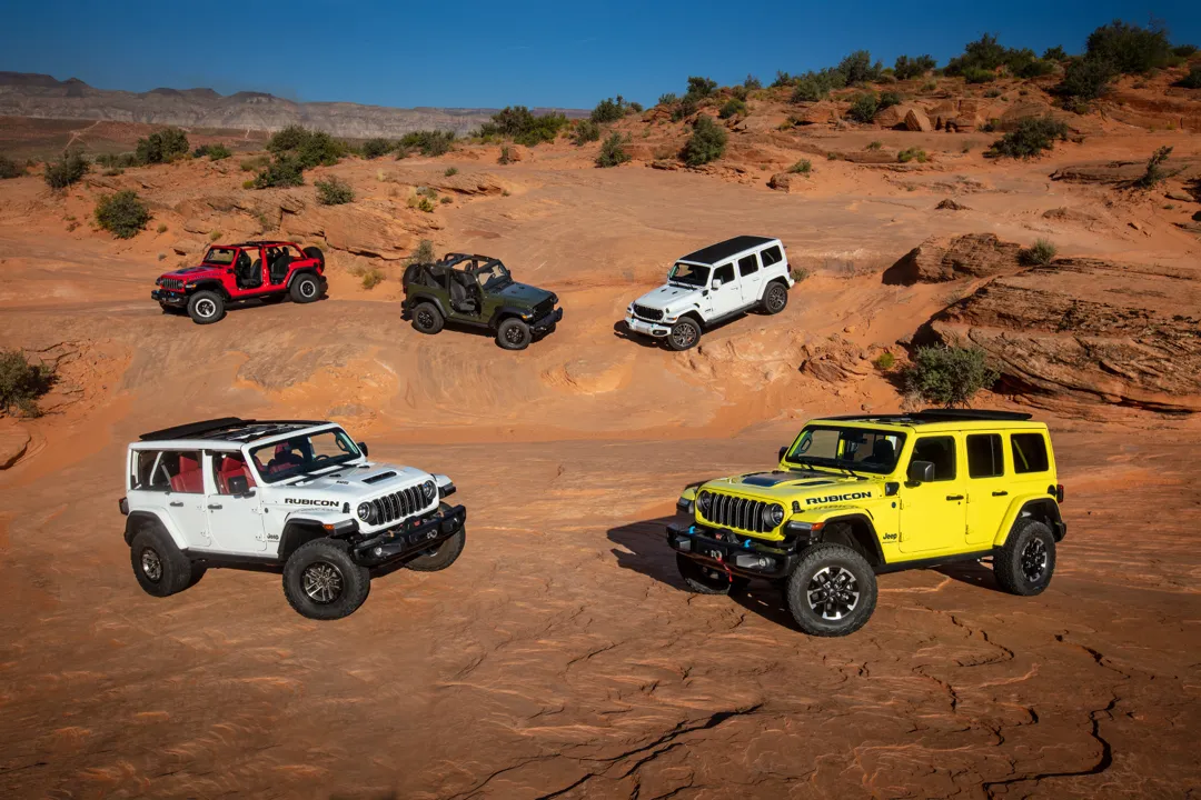The Jeep Wrangler and Rubicon lineup in a desert.